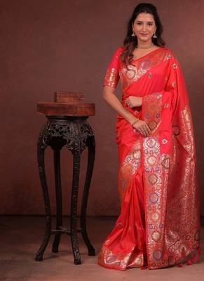 red color colorfull woven border zari work soft silk blend saree 1