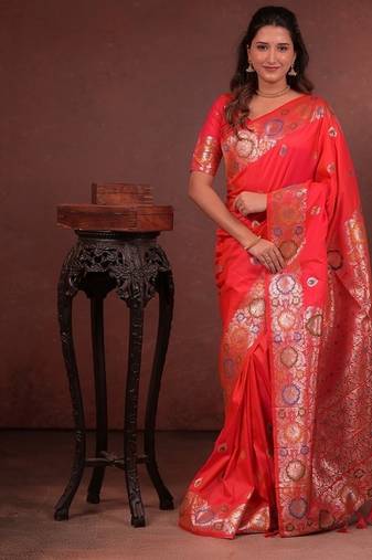 red color colorfull woven border zari work soft silk blend saree
