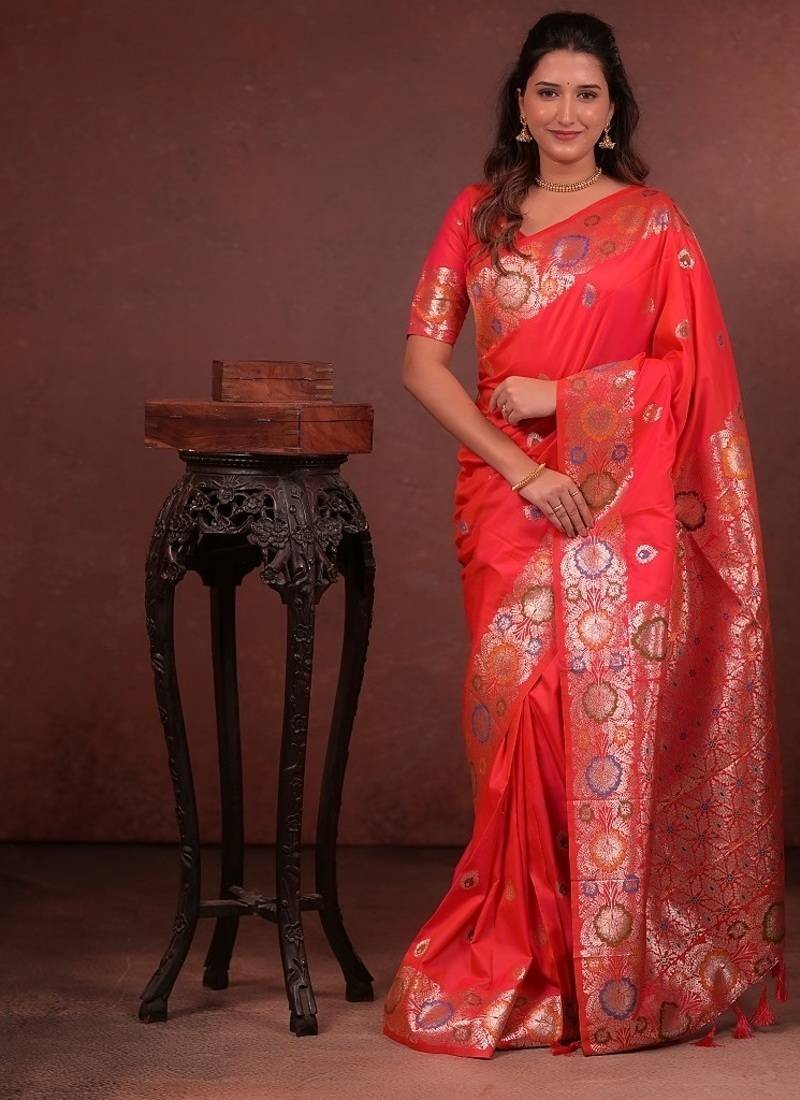 red color colorfull woven border zari work soft silk blend saree
