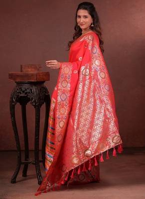 red color colorfull woven border zari work soft silk blend saree 2