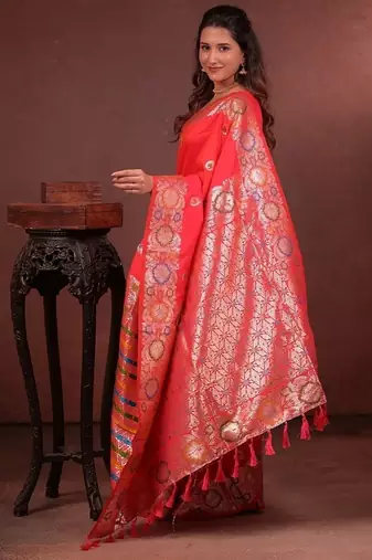 red color colorfull woven border zari work soft silk blend saree