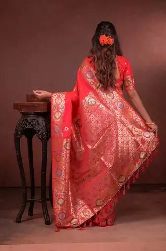 red color colorfull woven border zari work soft silk blend saree