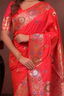red color colorfull woven border zari work soft silk blend saree 4