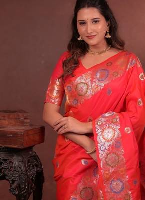 red color colorfull woven border zari work soft silk blend saree 5