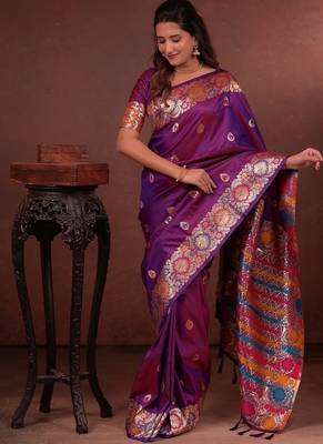 Pink color colorfull woven border zari work soft silk blend saree 1