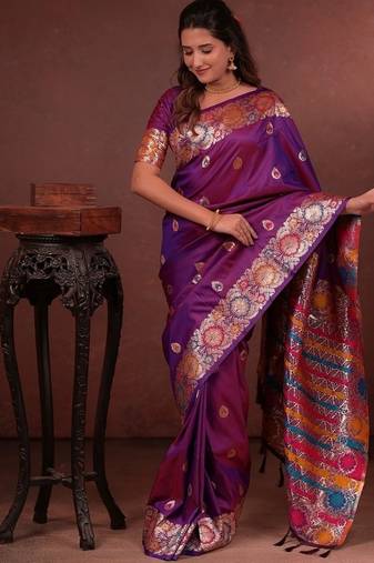 Pink color colorfull woven border zari work soft silk blend saree