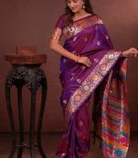 Pink color colorfull woven border zari work soft silk blend saree