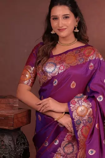 Pink color colorfull woven border zari work soft silk blend saree