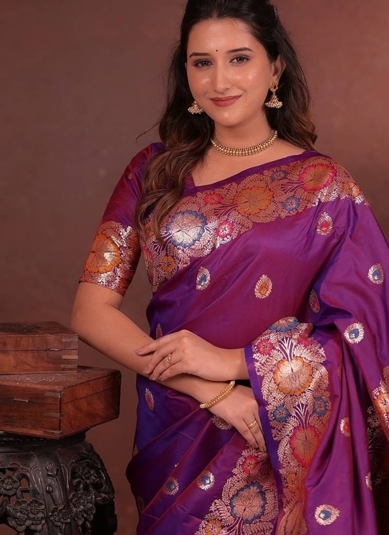 Pink color colorfull woven border zari work soft silk blend saree