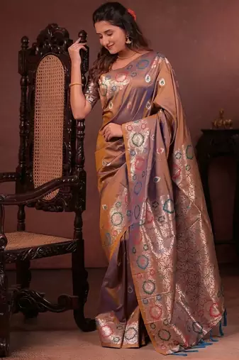 Purple color colorfull woven border zari work soft silk blend saree