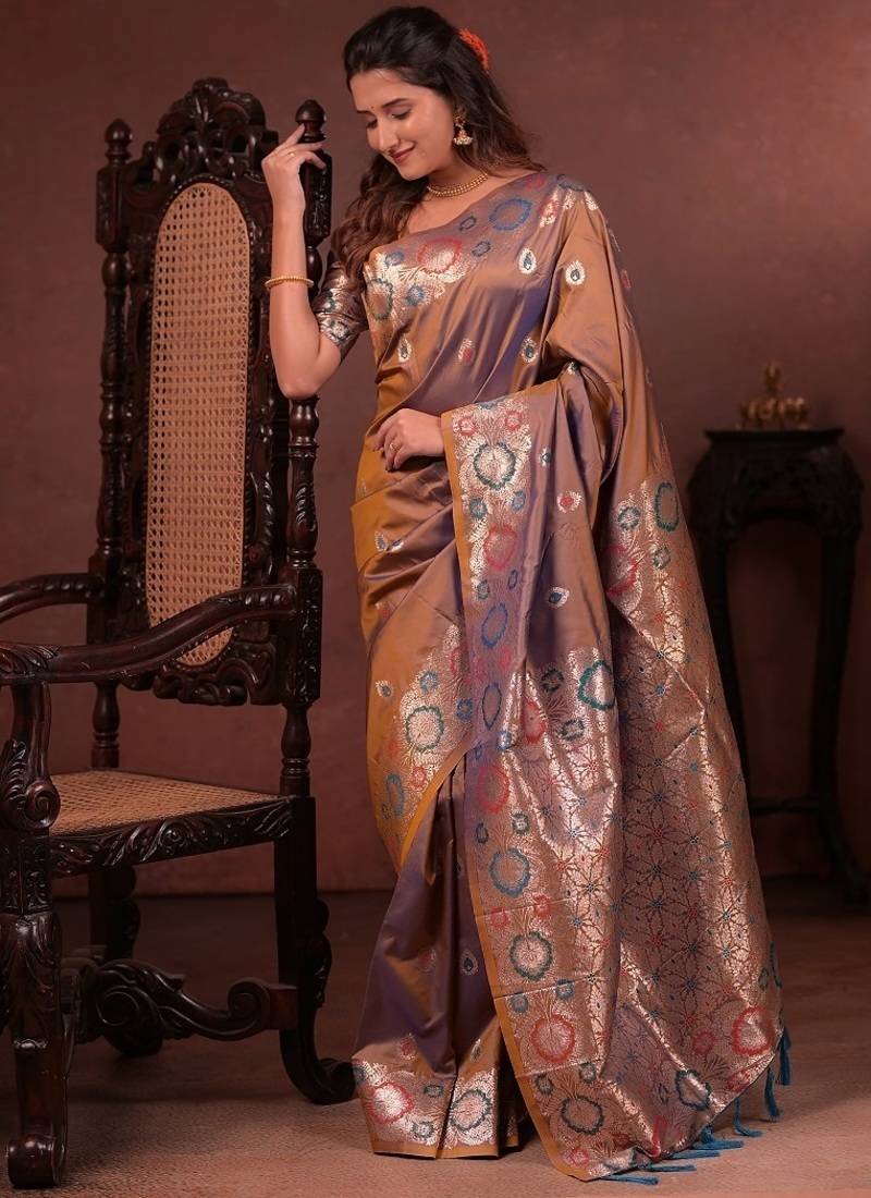 Purple color colorfull woven border zari work soft silk blend saree
