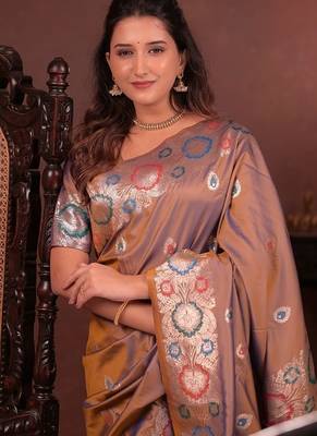 Purple color colorfull woven border zari work soft silk blend saree 3