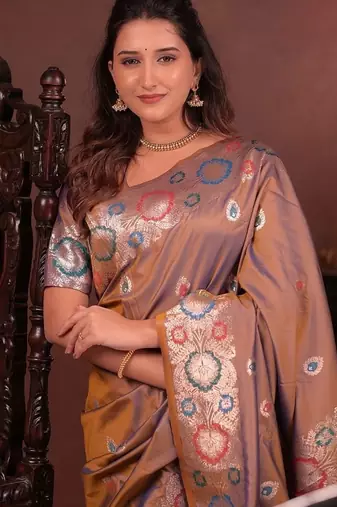 Purple color colorfull woven border zari work soft silk blend saree