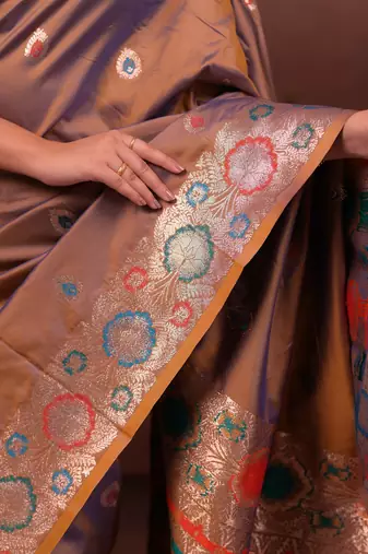 Purple color colorfull woven border zari work soft silk blend saree