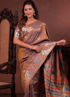 Purple color colorfull woven border zari work soft silk blend saree 5
