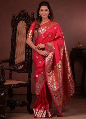 red color colorfull woven border zari work soft silk blend saree 1