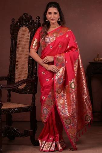 red color colorfull woven border zari work soft silk blend saree