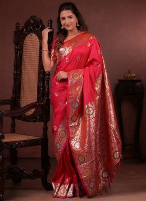 red color colorfull woven border zari work soft silk blend saree 2