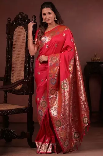 red color colorfull woven border zari work soft silk blend saree