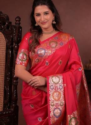 red color colorfull woven border zari work soft silk blend saree 4