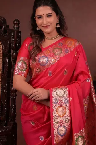 red color colorfull woven border zari work soft silk blend saree