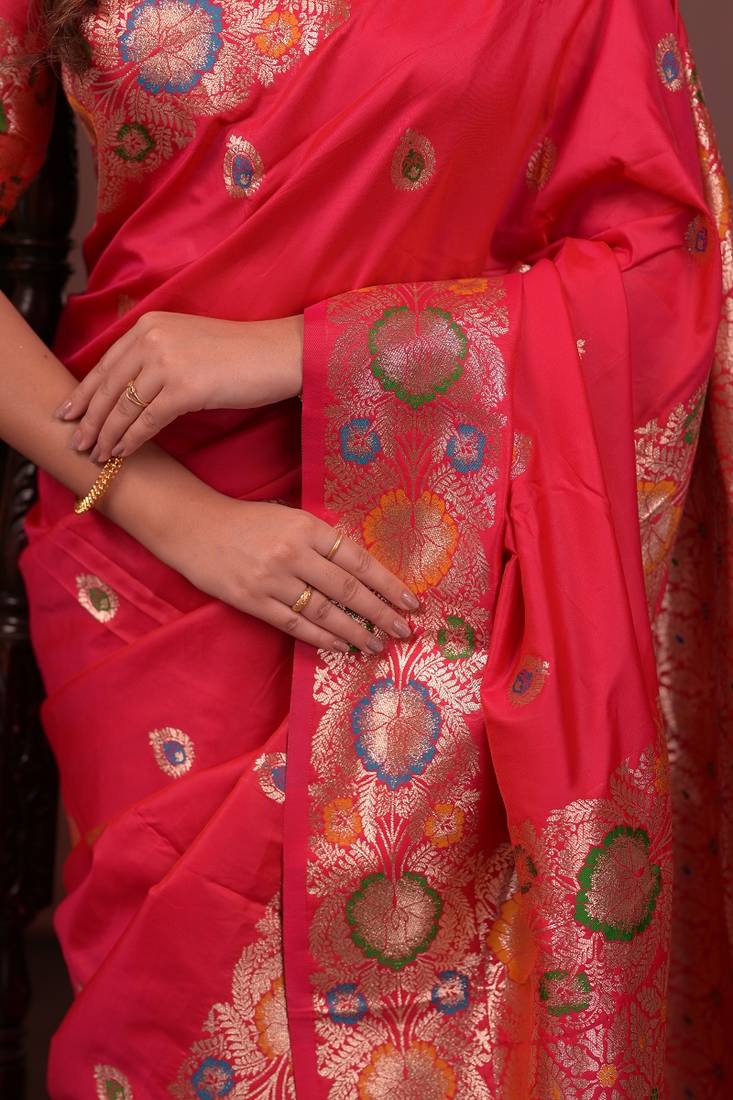 red color colorfull woven border zari work soft silk blend saree