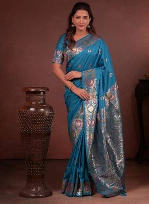 Blue color colorfull woven border zari work soft silk blend saree 1