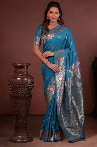 Blue color colorfull woven border zari work soft silk blend saree