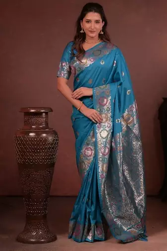 Blue color colorfull woven border zari work soft silk blend saree