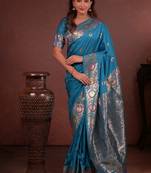Blue color colorfull woven border zari work soft silk blend saree