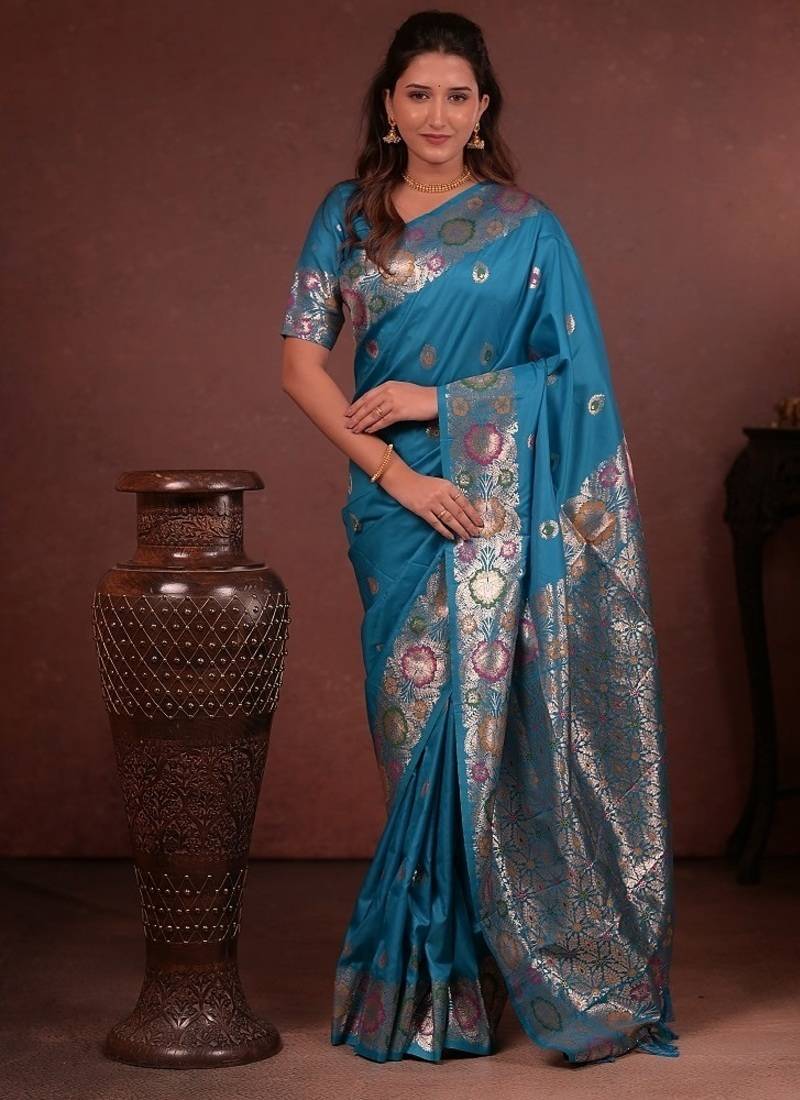 Blue color colorfull woven border zari work soft silk blend saree