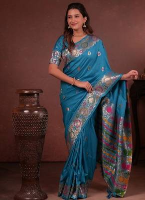 Blue color colorfull woven border zari work soft silk blend saree 2