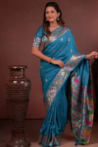Blue color colorfull woven border zari work soft silk blend saree