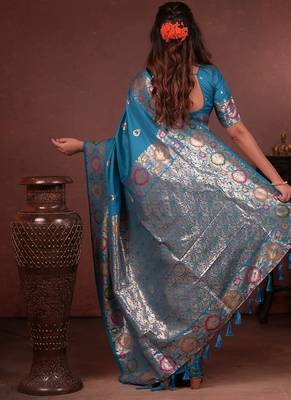 Blue color colorfull woven border zari work soft silk blend saree 3