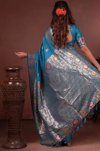 Blue color colorfull woven border zari work soft silk blend saree