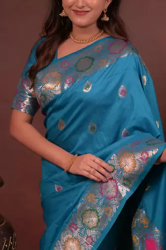 Blue color colorfull woven border zari work soft silk blend saree