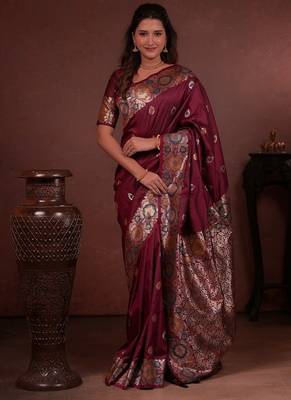 Maroon color colorfull woven border zari work soft silk blend saree 1