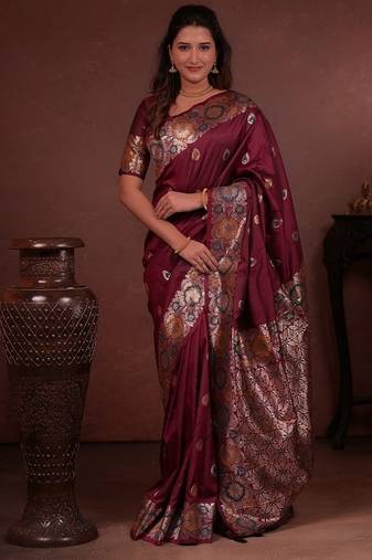 Maroon color colorfull woven border zari work soft silk blend saree