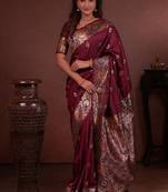 Maroon color colorfull woven border zari work soft silk blend saree