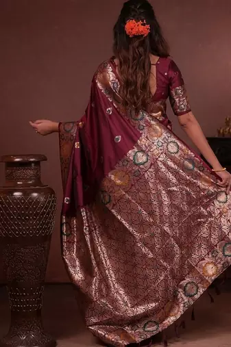 Maroon color colorfull woven border zari work soft silk blend saree