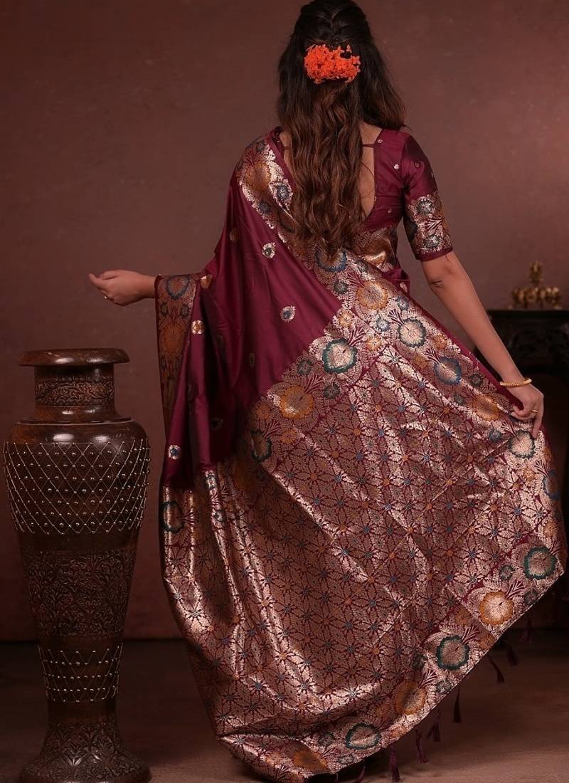 Maroon color colorfull woven border zari work soft silk blend saree