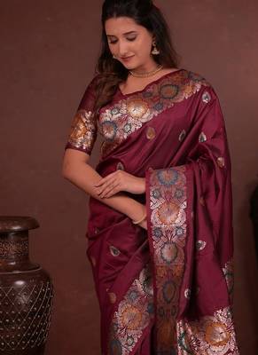 Maroon color colorfull woven border zari work soft silk blend saree 3