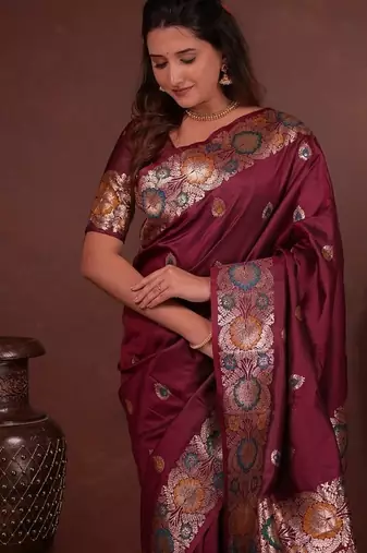 Maroon color colorfull woven border zari work soft silk blend saree