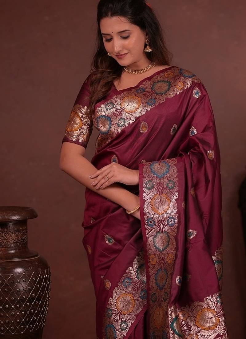 Maroon color colorfull woven border zari work soft silk blend saree