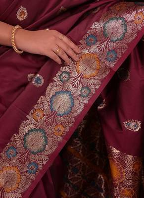 Maroon color colorfull woven border zari work soft silk blend saree 4
