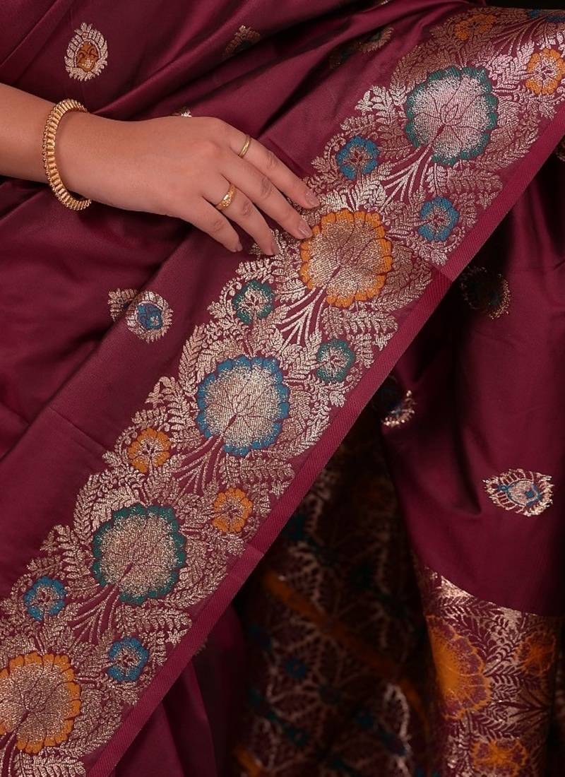 Maroon color colorfull woven border zari work soft silk blend saree