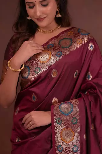 Maroon color colorfull woven border zari work soft silk blend saree