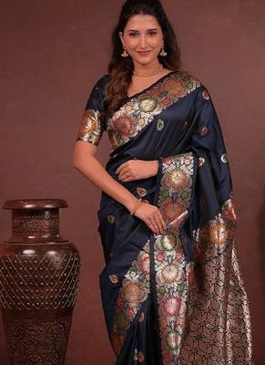 orange woven zari work banarasi silk blend saree 1