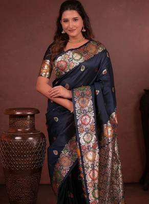 orange woven zari work banarasi silk blend saree 5