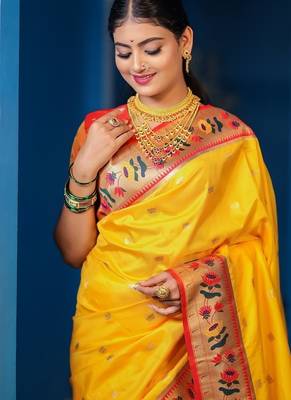 yellow weaving paithani gold copper zari weaving meenakari border saree 2